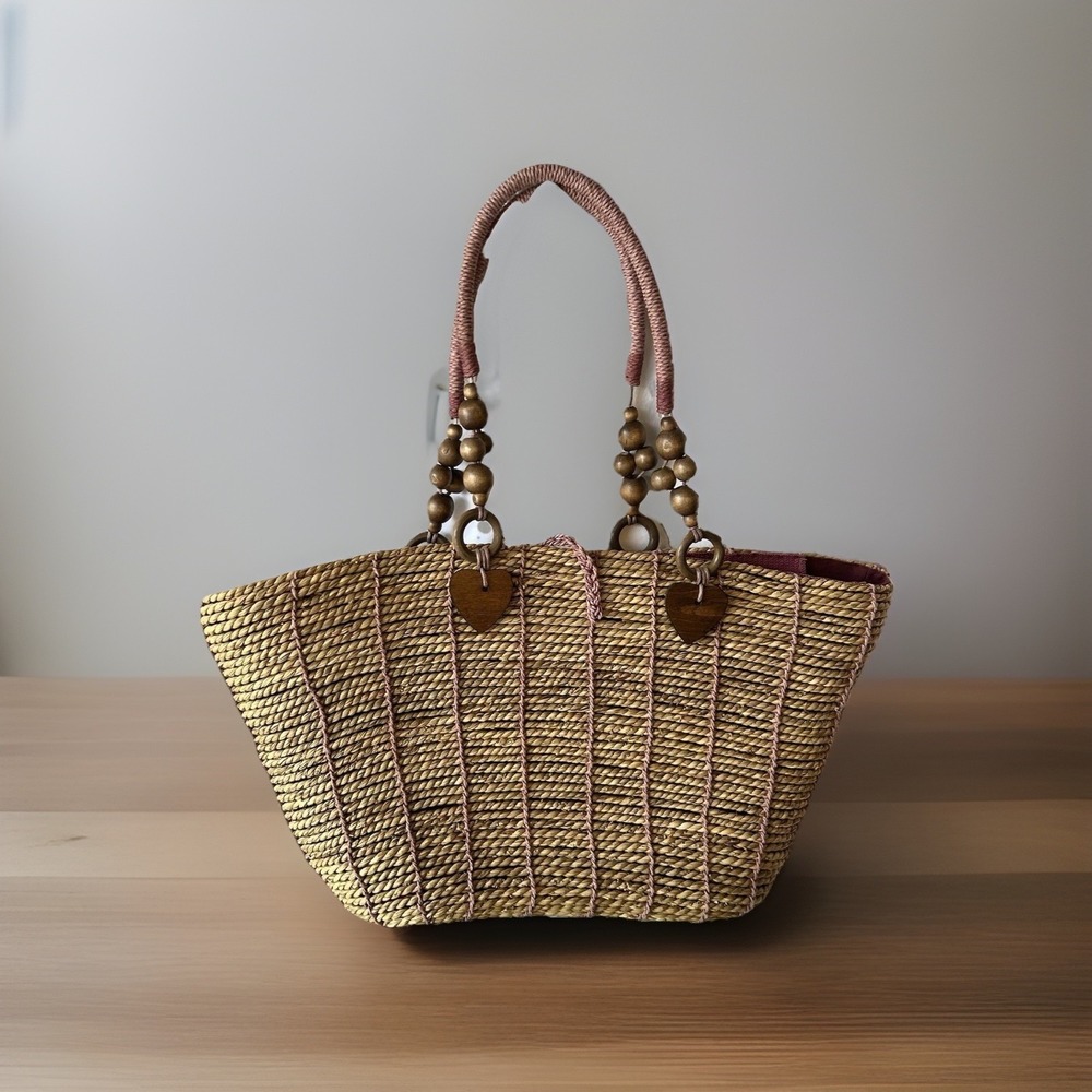 Sacra Seagrass Tote 100% Seagrass Handmade Island Boho Pink Interior Lightweight - Picture 2 of 4